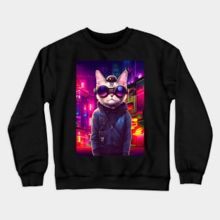 Techno Cat In Japan Neon City Crewneck Sweatshirt